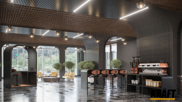 Стеля як архітектурний елемент: інтер’єр бізнес-простору з рішеннями KRAFT